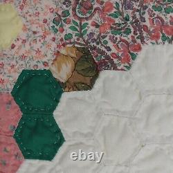 Vtg Quilt Flower Basket 72x80 Hexagon Multicolor Hand Sewn Bouquet Light READ