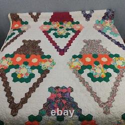 Vtg Quilt Flower Basket 72x80 Hexagon Multicolor Hand Sewn Bouquet Light READ