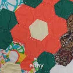 Vtg Quilt Flower Basket 72x80 Hexagon Multicolor Hand Sewn Bouquet Light READ