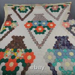 Vtg Quilt Flower Basket 72x80 Hexagon Multicolor Hand Sewn Bouquet Light READ