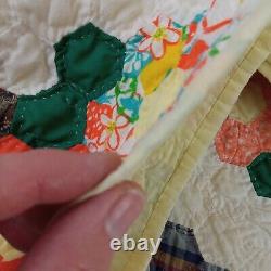 Vtg Quilt Flower Basket 72x80 Hexagon Multicolor Hand Sewn Bouquet Light READ