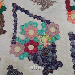 Vtg Quilt Flower Basket 72x80 Hexagon Multicolor Hand Sewn Bouquet Light READ