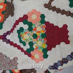 Vtg Quilt Flower Basket 72x80 Hexagon Multicolor Hand Sewn Bouquet Light READ