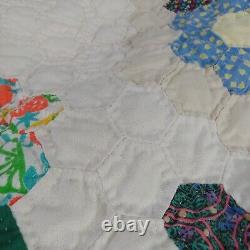 Vtg Quilt Flower Basket 72x80 Hexagon Multicolor Hand Sewn Bouquet Light READ