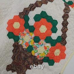 Vtg Quilt Flower Basket 72x80 Hexagon Multicolor Hand Sewn Bouquet Light READ