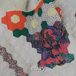 Vtg Quilt Flower Basket 72x80 Hexagon Multicolor Hand Sewn Bouquet Light READ