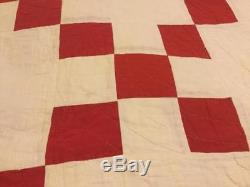 Vtg Quilt Hand Made Full Sz. Checkered Red & Cream Colored 89x73gc