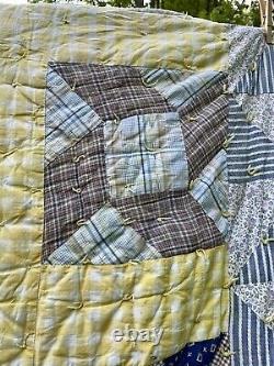 Vtg Quilt Patchwork Geometric Yellow Gingham Paisley Back Thicker Fill 66 x 81