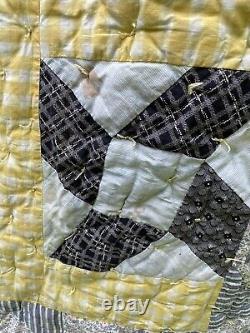 Vtg Quilt Patchwork Geometric Yellow Gingham Paisley Back Thicker Fill 66 x 81