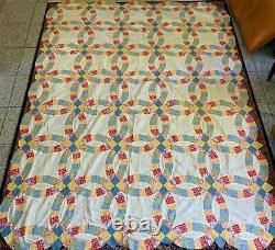 Vtg Quilt Top 1930s Feed Flour Sack Double Wedding Ring Yellow Blue Block 64 x86