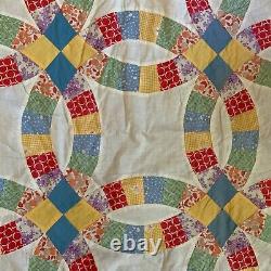 Vtg Quilt Top 1930s Feed Flour Sack Double Wedding Ring Yellow Blue Block 64 x86