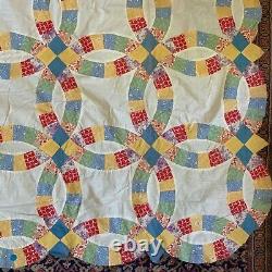 Vtg Quilt Top 1930s Feed Flour Sack Double Wedding Ring Yellow Blue Block 64 x86