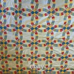 Vtg Quilt Top 1930s Feed Flour Sack Double Wedding Ring Yellow Blue Block 64 x86