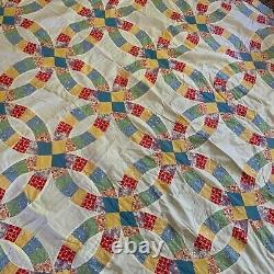 Vtg Quilt Top 1930s Feed Flour Sack Double Wedding Ring Yellow Blue Block 64 x86