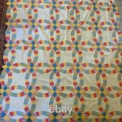 Vtg Quilt Top 1930s Feed Flour Sack Double Wedding Ring Yellow Blue Block 64 x86