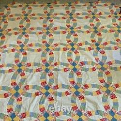 Vtg Quilt Top 1930s Feed Flour Sack Double Wedding Ring Yellow Blue Block 64 x86