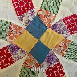 Vtg Quilt Top 1930s Feed Flour Sack Double Wedding Ring Yellow Blue Block 64 x86