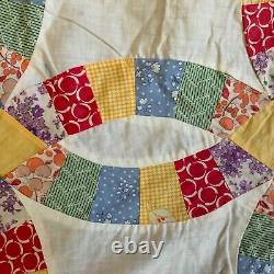 Vtg Quilt Top 1930s Feed Flour Sack Double Wedding Ring Yellow Blue Block 64 x86