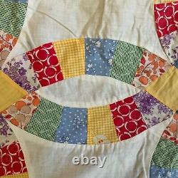 Vtg Quilt Top 1930s Feed Flour Sack Double Wedding Ring Yellow Blue Block 64 x86