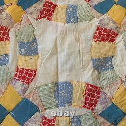 Vtg Quilt Top 1930s Feed Flour Sack Double Wedding Ring Yellow Blue Block 64 x86