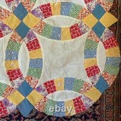 Vtg Quilt Top 1930s Feed Flour Sack Double Wedding Ring Yellow Blue Block 64 x86