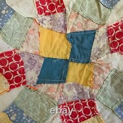 Vtg Quilt Top 1930s Feed Flour Sack Double Wedding Ring Yellow Blue Block 64 x86