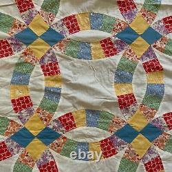 Vtg Quilt Top 1930s Feed Flour Sack Double Wedding Ring Yellow Blue Block 64 x86