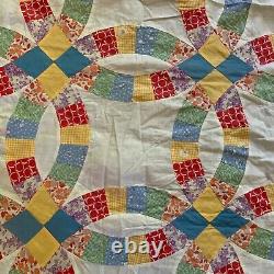 Vtg Quilt Top 1930s Feed Flour Sack Double Wedding Ring Yellow Blue Block 64 x86