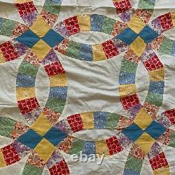 Vtg Quilt Top 1930s Feed Flour Sack Double Wedding Ring Yellow Blue Block 64 x86