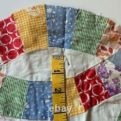 Vtg Quilt Top 1930s Feed Flour Sack Double Wedding Ring Yellow Blue Block 64 x86