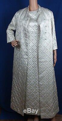 Vtg Quilted Formal Evening Gown and Matching Coat White Silver Metallic 1960s