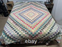 Vtg Trip Around The World Feedsack Postage Stamp Checker Quilt Hand Sewn 68x83