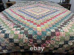 Vtg Trip Around The World Feedsack Postage Stamp Checker Quilt Hand Sewn 68x83