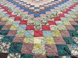 Vtg Trip Around The World Feedsack Postage Stamp Checker Quilt Hand Sewn 68x83