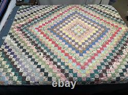 Vtg Trip Around The World Feedsack Postage Stamp Checker Quilt Hand Sewn 68x83