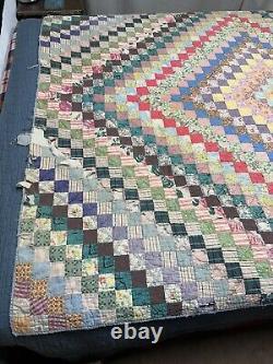 Vtg Trip Around The World Feedsack Postage Stamp Checker Quilt Hand Sewn 68x83