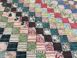 Vtg Trip Around The World Feedsack Postage Stamp Checker Quilt Hand Sewn 68x83