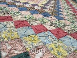 Vtg Trip Around The World Feedsack Postage Stamp Checker Quilt Hand Sewn 68x83