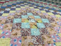 Vtg Trip Around The World Feedsack Postage Stamp Checker Quilt Hand Sewn 68x83