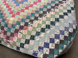 Vtg Trip Around The World Feedsack Postage Stamp Checker Quilt Hand Sewn 68x83