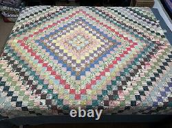 Vtg Trip Around The World Feedsack Postage Stamp Checker Quilt Hand Sewn 68x83