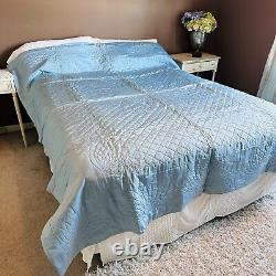 Vtg handmade beautiful satin sheen blue quilt 96x 79