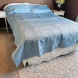 Vtg handmade beautiful satin sheen blue quilt 96x 79