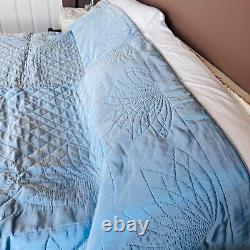 Vtg handmade beautiful satin sheen blue quilt 96x 79