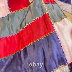 Vtg handmade crazy quilt multicolored silk patchwork 80x64 retro boho