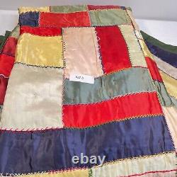 Vtg handmade crazy quilt multicolored silk patchwork 80x64 retro boho