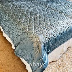 Vtg handmade dark blue satin quilt reversible single stitch 87 x 59 beautiful