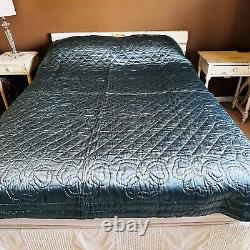 Vtg handmade dark blue satin quilt reversible single stitch 87 x 59 beautiful