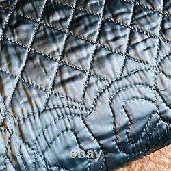 Vtg handmade dark blue satin quilt reversible single stitch 87 x 59 beautiful