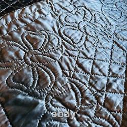 Vtg handmade dark blue satin quilt reversible single stitch 87 x 59 beautiful